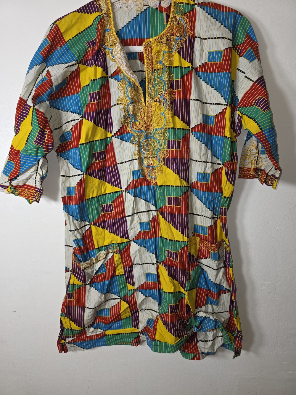 Kids Multicolor Geometric Tunic Dress with Gold Embroidery
